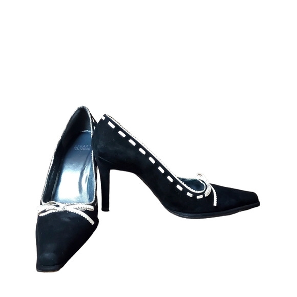 Stuart Weitzman Black And White Suede Carrer Pumps With Bow Detail 7.5 M - Picture 3 of 5